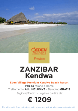Eden Village Premium Kendwa Beach Resort Voli da Milano e