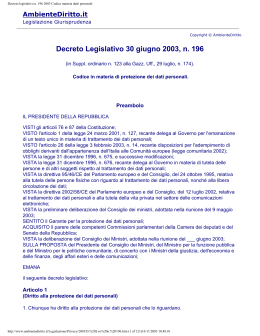 Decreto legislativo n. 196 2003 Codice materia datti personali
