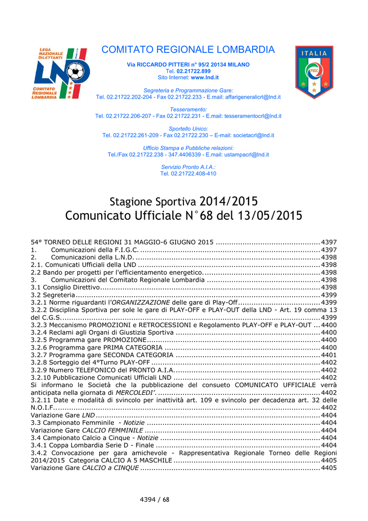 Comunicato Ufficiale N 68 Del 13 05 2015