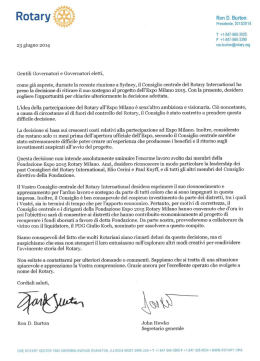 Lettera del Presidente Burton ai Governatori italiani