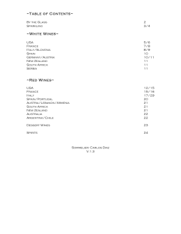 Table of Contents~ ~White Wines~ ~Red Wines