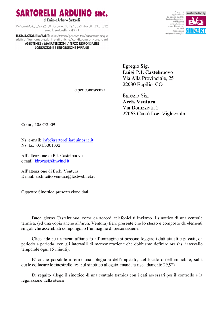 Egregio Sig Luigi P I Castelnuovo Via Alla Provinciale 25 22030