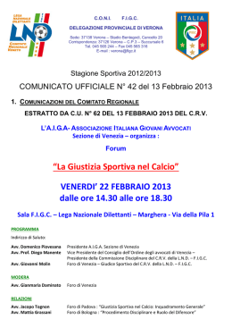 &ldquo;La Giustizia Sportiva nel Calcio&rdquo; VENERDI` 22