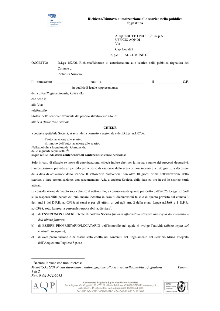 autorizzazione allo scarico fognatura