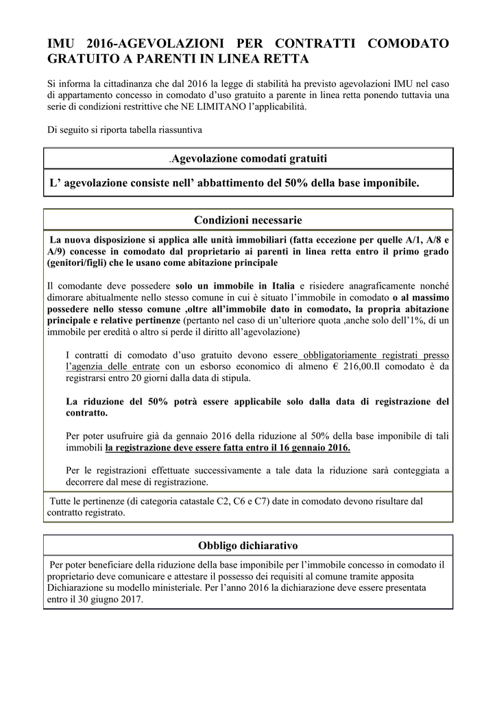 Imu 2016 Agevolazioni Per Contratti Comodato