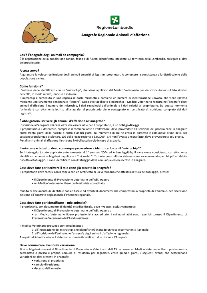 Certificato di iscrizione anagrafe animali d affezione regione ...