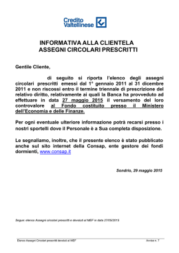 INFORMATIVA ALLA CLIENTELA ASSEGNI CIRCOLARI PRESCRITTI