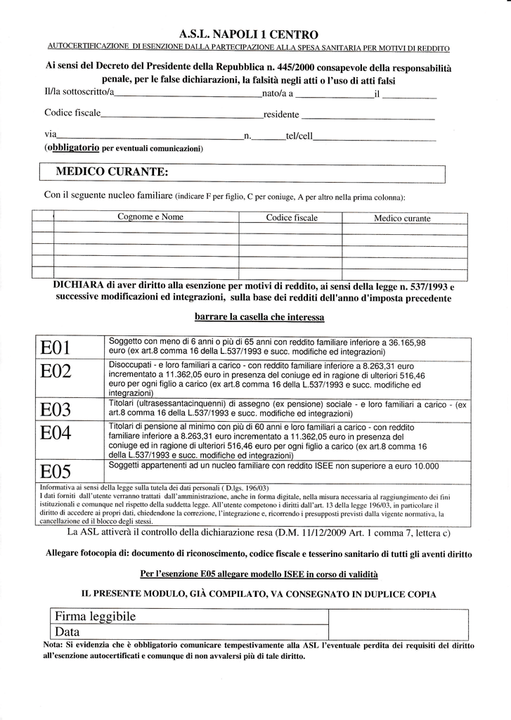 MODULO ESENZIONE TICKET PER REDDITO SCARICA