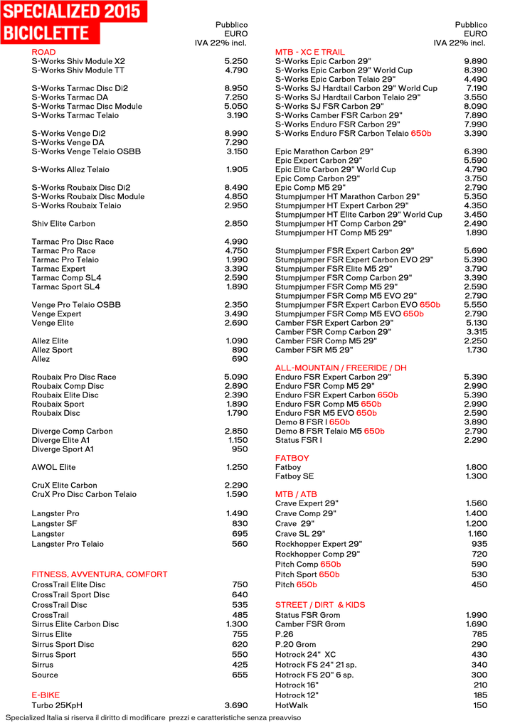 Listino Specialized 2015 []