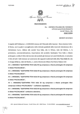 Ritiro QUETIAPINA TEVA nota AIFA 85839 del 8 agosto 2013