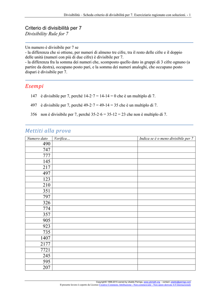 Schede Di Lavoro Sulla Divisibilita X7