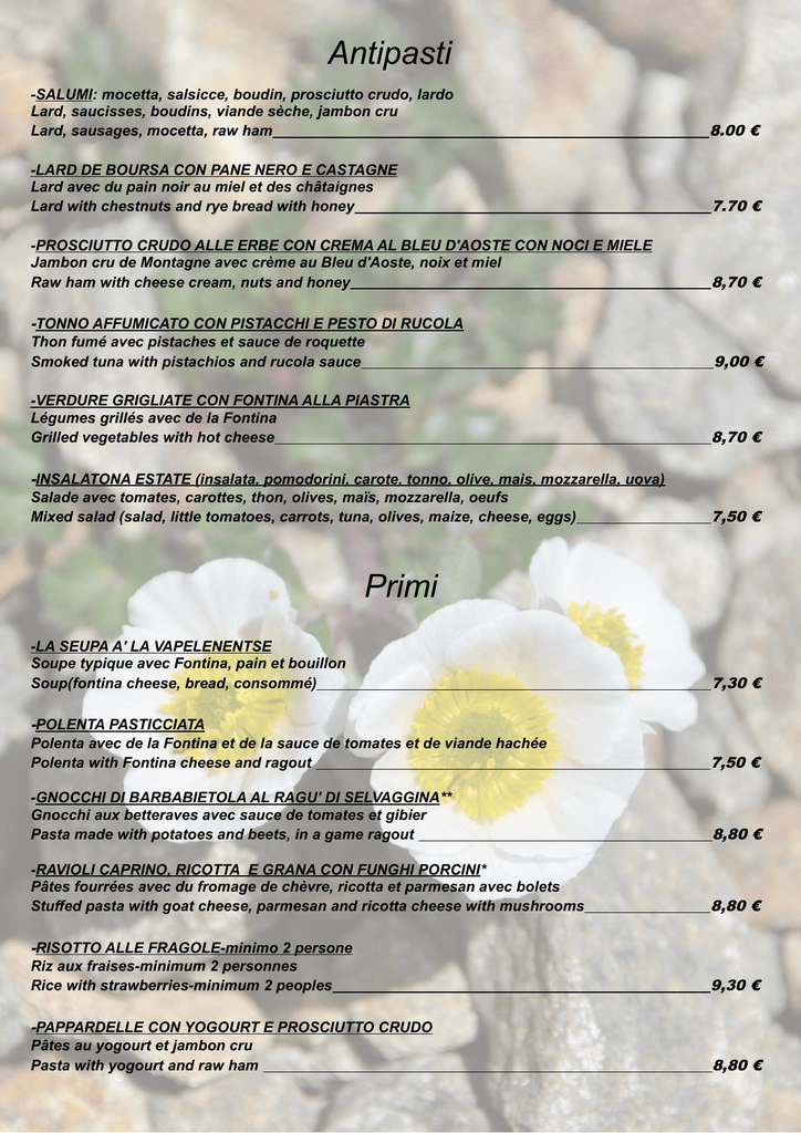 Antipasti Primi Camping Lac Lexert