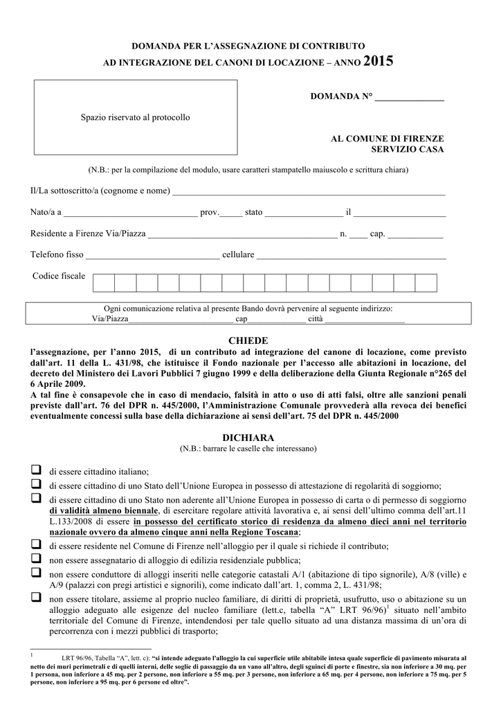 Modulo Di Domanda Contributo Affitto 2015