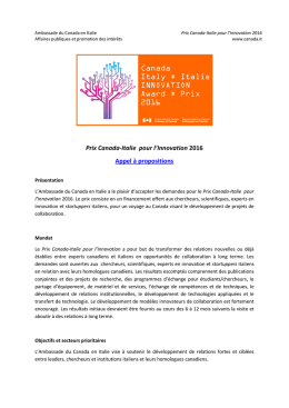 Prix Canada-Italie pour l`Innovation 2016 Appel &agrave; propositions