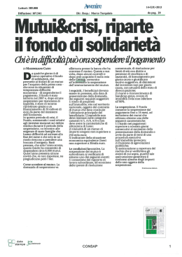 Mutui&crisi, riparte il fondo di solidariet&agrave;
