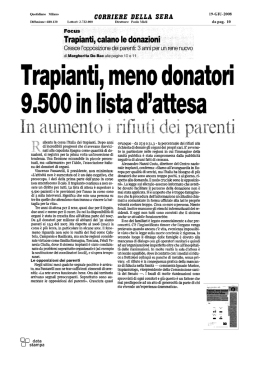 Trapianti, meno donatori. 9.500 in lista d`attesa