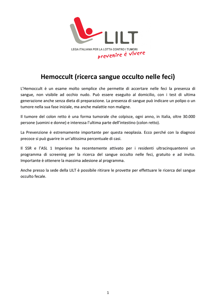dieta per eseguire il sangue occulto nelle feci