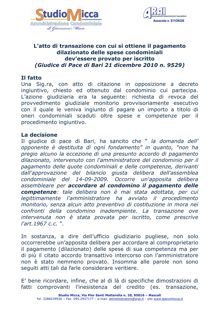 L Atto Di Transazione Con Cui Si Ottiene Il Pagamento Dilazionato Delle