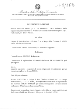 OPPOSIZIONE N. 386/2012 Reckitt Benckiser Italia 5. p. a. via