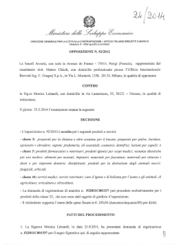 OPPOSIZIONE N. 92/2012 La Sanofi Aventis, con sede in Avenue