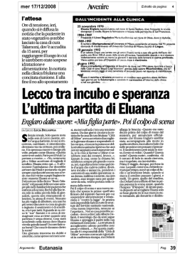Lecco tra incubo e speranza. L`ultima partita di Eluana