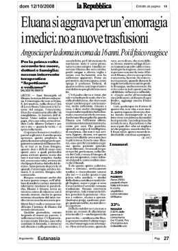 Eluana si aggrava per un`emorragia. I medici