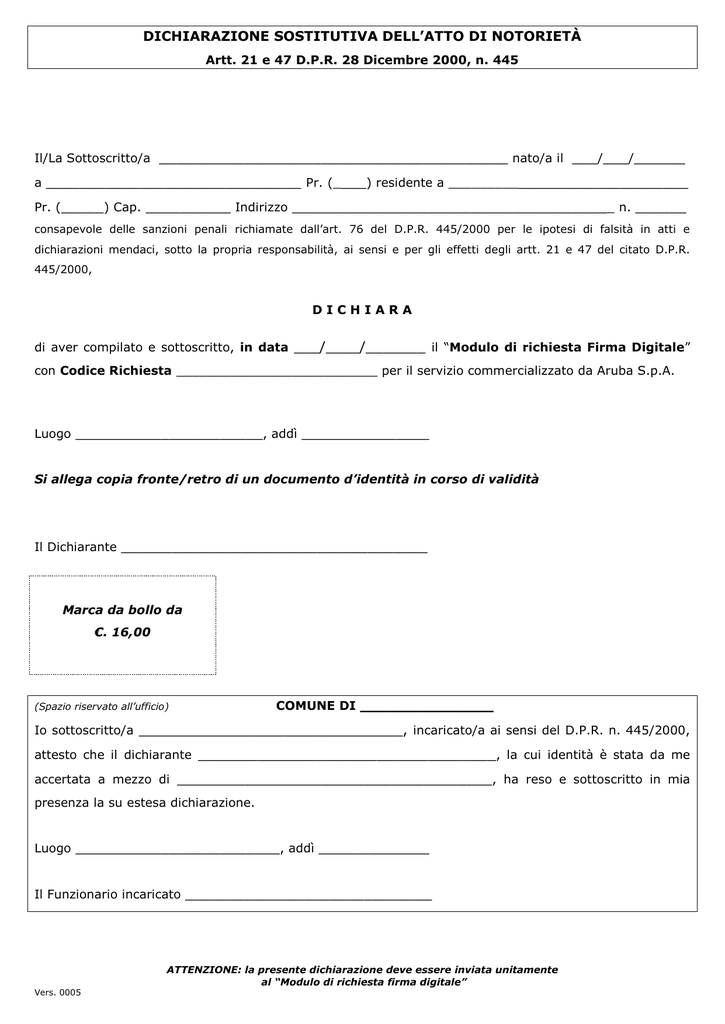 Dichiarazione Sostitutiva Dellatto Di Notorietà