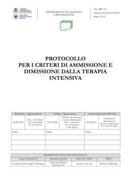 criteri di ammissione e dimissione dalla Terapia Intensiva