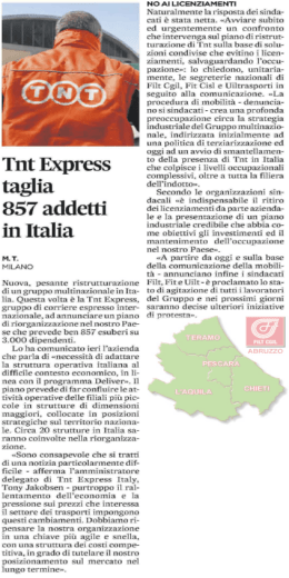 Tnt Express taglia 857 addetti in Italia