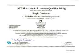 M.T.M. VALVES S.r.l. rinnova la Qualiﬁca del Sig.