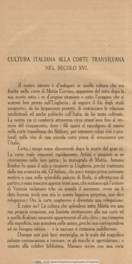 Cultura italiana alla corte transilvana nel secolo XVI