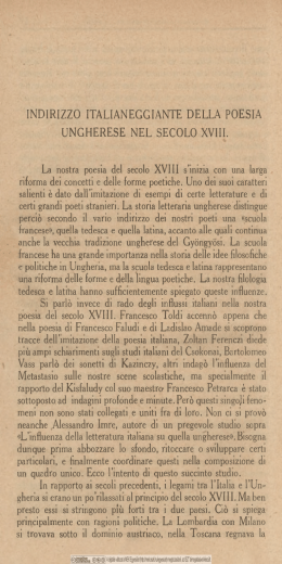 Indirizzo italianeggiante delia poesia ungherese nel secolo XVIII