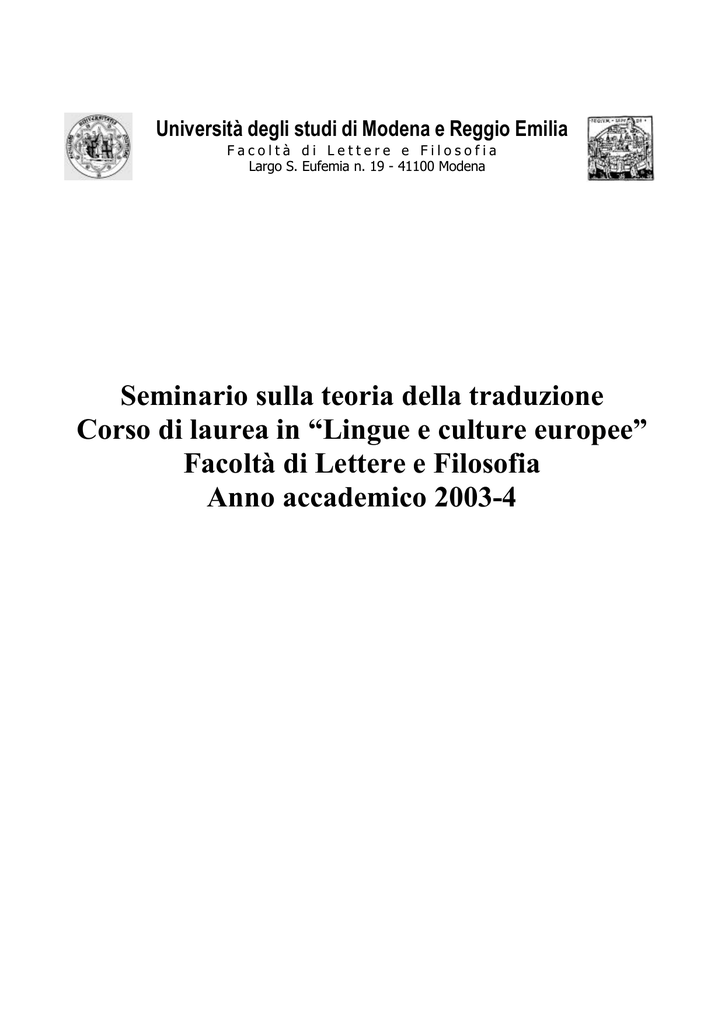 Seminario Sulla Teoria Della Traduzione Corso Di Laurea In Lingue E