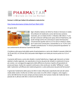 Farmaci: in 2012 per italiani 18 confezioni a testa da Ssn