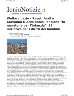 Welfare Lazio - Reset, Arall e Giovanna D`Arco onlus, lanciano “la