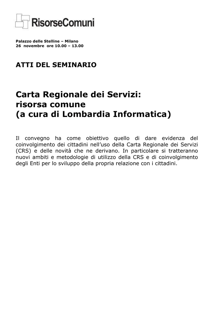 Carta Regionale Dei Servizi Risorsa Comune A Cura Di Lombardia