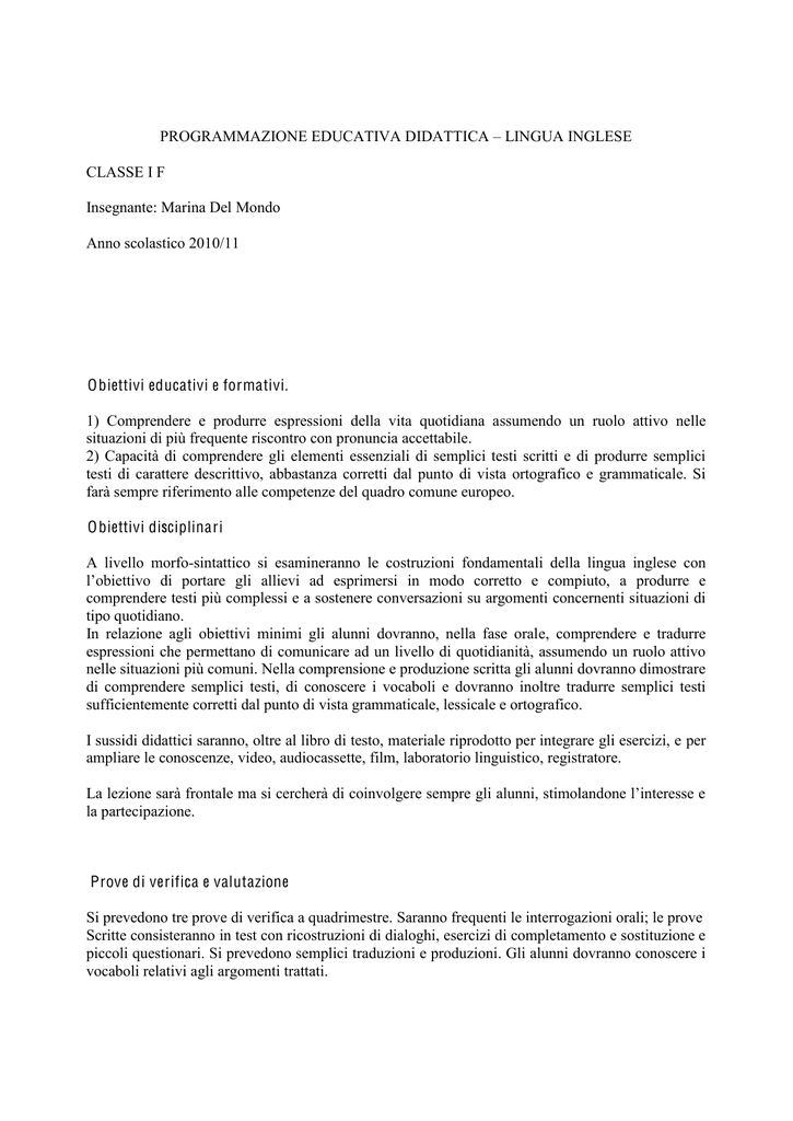 Programmazione Educativa Didattica Lingua Inglese