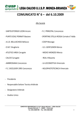 LEGA CALCIO U.I.S.P. MONZA-BRIANZA COMUNICATO N&deg; 6 &ndash; del