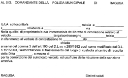 AL SIG. COMANDANTE DELLA POLIZIA MUNICIPALE DI RAGUSA