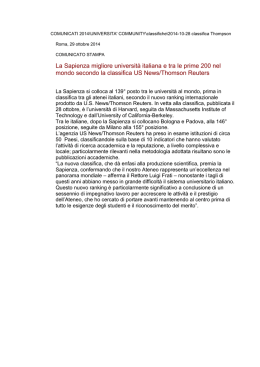 La Sapienza migliore universit&agrave; italiana e tra le prime 200 nel