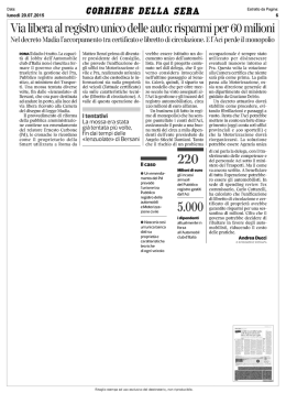 Via libera al registro unico delle auto: risparmi per 60 milioni