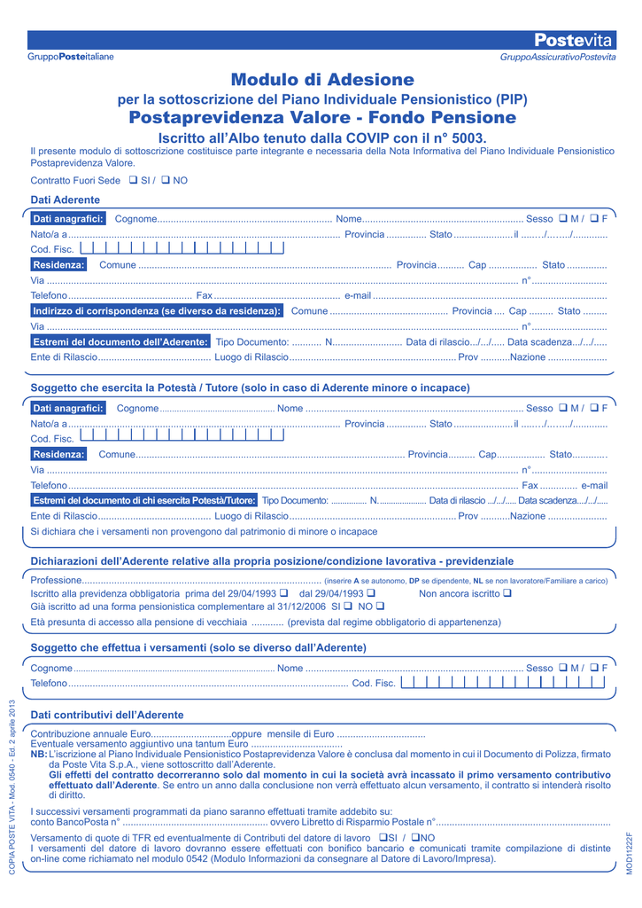 Modulo Di Adesione Postaprevidenza Valore Fondo